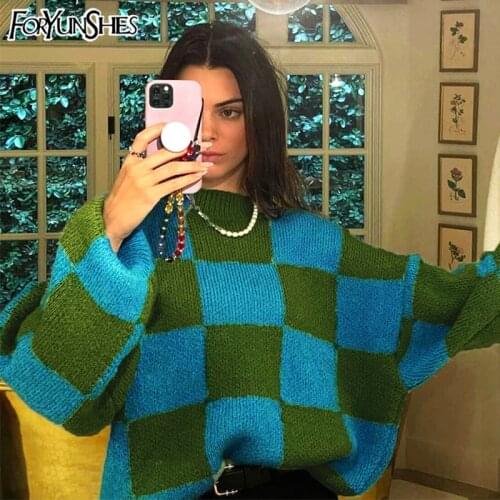 Casual Knitted Vintage Sweaters Women Plaid Lantern Sleeve Loose Jumper Oversized O Neck Contrast Color Pullovers 2021 Autumn