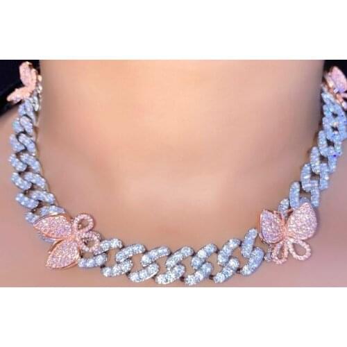 Red pink purple blue pastel colorful Big butterfly charm 12mm iced out bling cuban women choker necklace
