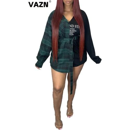 VAZN 2020 Autumn High Quality Patchwork Chiffon Shirts Dress Regular Designer Full Sleeve Women Nature Straight Mini Dress