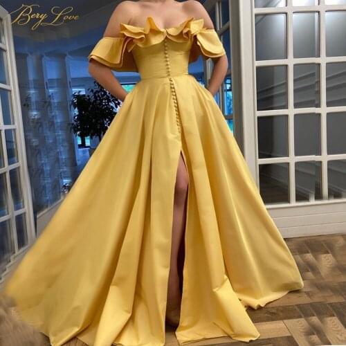 Golden Yellow Evening Dresses 2020 Long Satin A line Ruffle Off Shoulder Slit Formal Gown Side Sleeves Dress Prom Dress Buttons