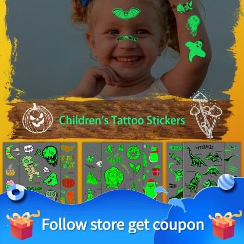 Childrens Tattoo Stickers Waterproof Luminous Temporary Cartoon Body Art Arm Leg Face Halloween Mermaid Unicorn Anime Baby Gift
