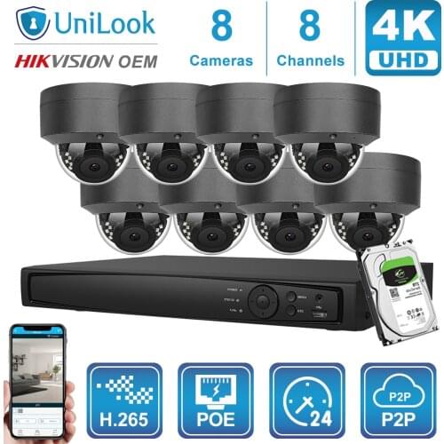 UniLook 4K Camera System 8CH NVR 8MP Dome POE IP Camera Outdoor Security Night Vision Hikvsiion OEM H.265 P2P NVR Kits