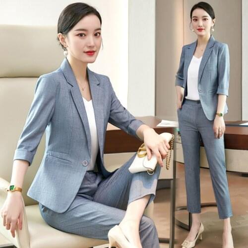 IZICFLY New Style Summer Green Elegant Business Half Sleeve Blazer Set Women Slim Office Pants Suit Work Wear 2 Piece-Thin