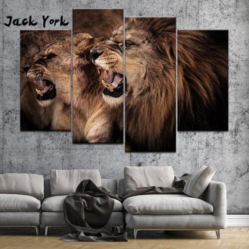 Canvas Painting lion and lioness and free shipping 4 Pieces Wall Art Painting Modular Wallpapers Poster Print Home Decor