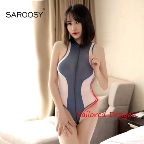 SAROOSY NEW Sexy Patchwork Bodysuit One Piece Body Suits Sheer Microfiber Full Zip Crotchless Sheer Porno Linegrie for Women