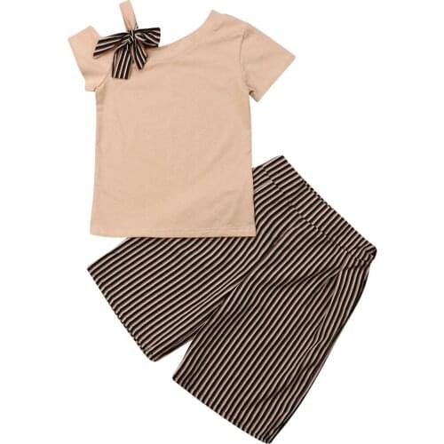 Toddler Kid Baby Girl Ruffle Sling One Shoulder Tops+ Striped Short Pants +Headband 3PCS Outfit Clothes Summer
