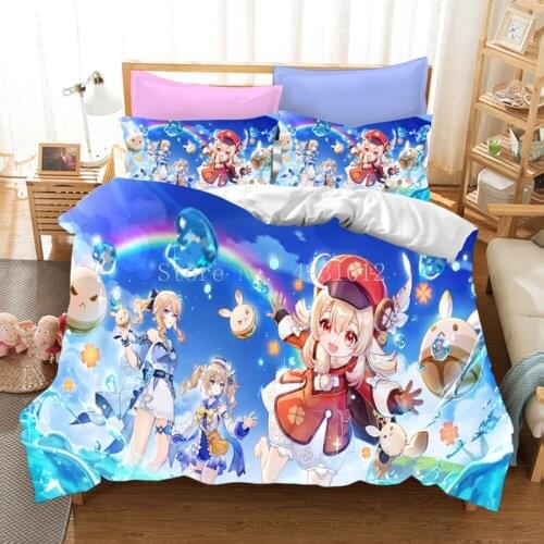 Game Genshin Impact Bedding Sets Quilt Bed Cover Duvet Cover Pillow Case 3 Pieces Sets Kids Adult Size Bedclothes Home Textile