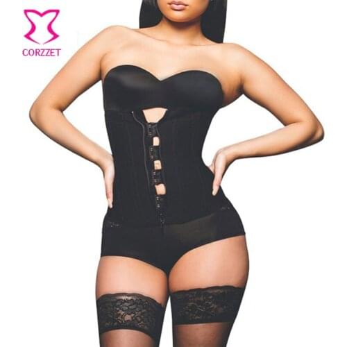Corzzet Hook Zipper Rubbe Corset Waist Trainer Fashion Style Plus Size 9 Steel Bones Latex Corset 6XL Black Solid Corset