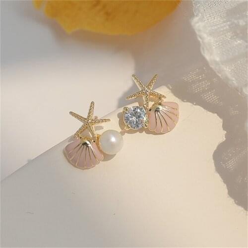 Cute Female Round Crystal Pearl Earrings Classic Gold Color Wedding Earrings For Women Charm Sea Starfish Shell Stud Earrings