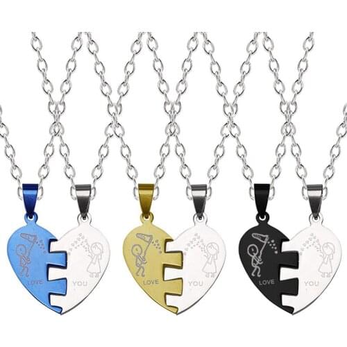 Fashion Hot Sale Women Necklace Men And Women Custom Couple Chain Stainless Steel Splicing Heart Pendant Jewelry Gift