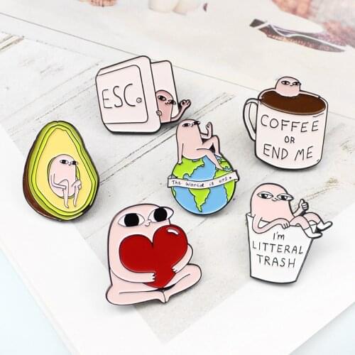 Cartoon Series Brooch Coffee Cup Avocado Love Embrace ESC Book Cover Earth Funny Life Enamel Pin Backpack Cap Badge Gift for Kid