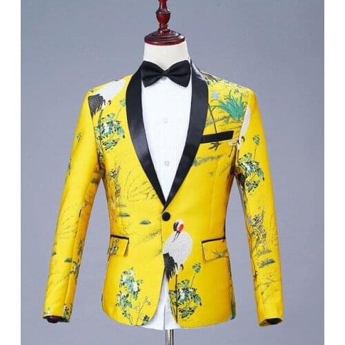 Mens Fashion Shawl Lapel Jacquard Red-crowned Crane Blazer Gold Yellow Party Singers Costume Wedding Groom Suit Jacket