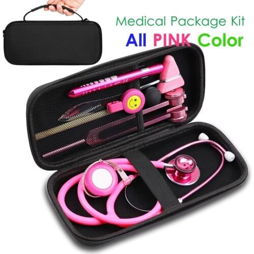 Classic Pink Home Health Monitor Storage Case Bag Kit with Medical Stethoscope Tuning Fork Reflex Hammer LED Penlight Tool Set