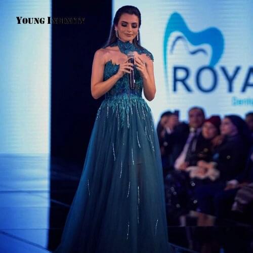 New Arrival High Neck A Line Tulle Long Evening Dress 2020 Sleeveless Lace Applique Beading Illusion Prom Dress Custom Made Arab