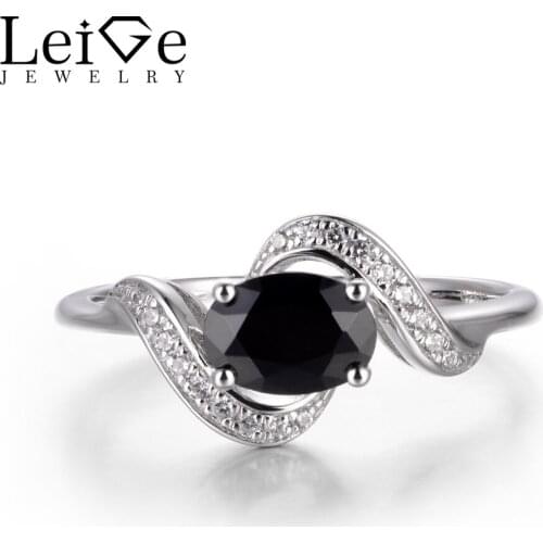 LeiGe Jewelry Unique Promise Rings Natural Black Spinel Rings Oval Cut Black Gemstone Rings 925 Sterling Silver Vintage Rings
