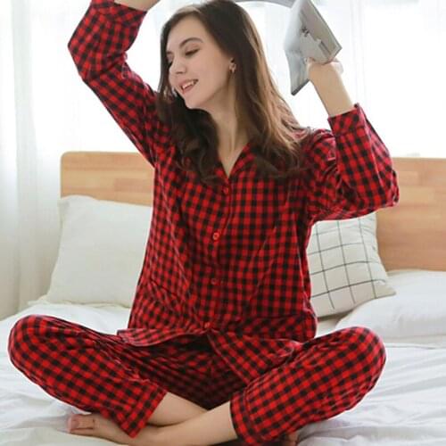 Pajamas womens spring and autumn home service long-sleeved cardigan suit Korean version of plus size plaid cotton pijamas