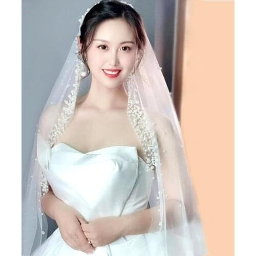 Luxury Pearl Beaded Long Wedding Veil One Layer Boho Bride Accessories 3 M Length Cathedral Bridal Veil Without Comb