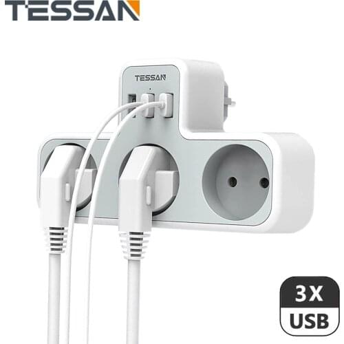 TESSAN EU Socket Power Strip with 3 AC Outlets and 3 USB Ports, 6 in 1 Wall Charger Adapter with Overload Protection for Home