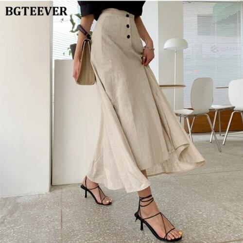 BGTEEVER Elegant A-line Women Skirts High Waist Buttons Irregular Split Female Mid-length Skirts 2021 Summer Loose Long Skirts