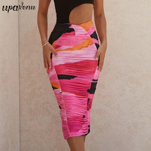 Free Shipping 2020 New Women Printed Mesh Skirt Elegant High Waist Draped Skinny Pencil Skirt Celebrity Club Runway Party Skirt