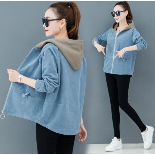 Women Corduroy Jacket Spring Autumn Short Coat 2020 New Fashion Hooded Overcoat Loose Plus size Female Jackets Coats Casual Tops
