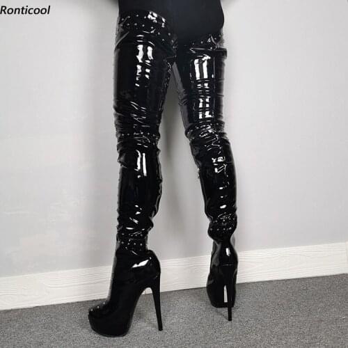 Ronticool Women Shiny Faux Leather Platform Thigh Boots Stiletto High Heels Round Toe Black Club Wear Shoes Women Us Size 5-20