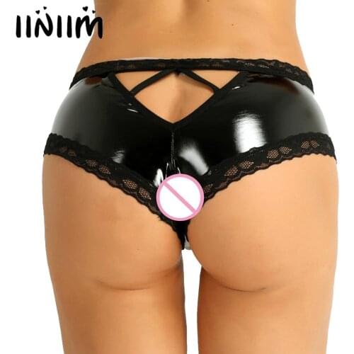 Womens Ladies Sexy Lingerie Panties Wetlook Leather latex Open Crotch PVC Crotchless Mini Briefs Shorts knickers Underwear