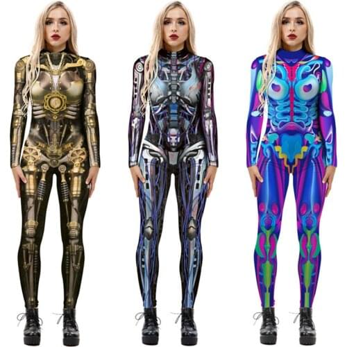 Halloween Women Robot Punk Gothic Skeleton Skull Horror Print Jumpsuit Ladies Sexy Cosplay Catsuit Femme Costume Zentai Bodysuit