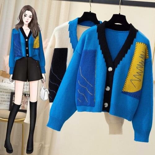 Patchwork Woman Sweater Coat Korean Hit Color Causal Knitted Cardigans 2021 Autumn New Long Sleeve V-neck Knitwear Outwear Tops
