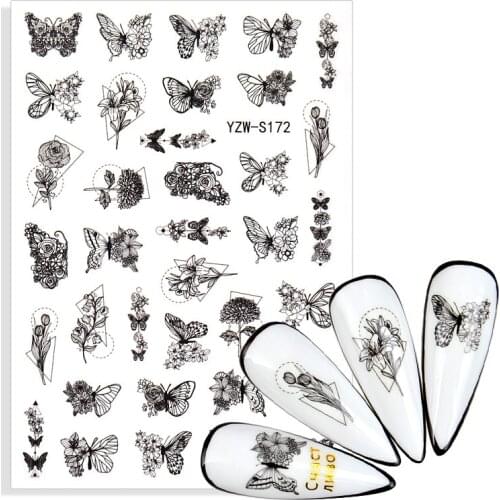 1pcs 5D Black White Butterfly Nail Sticker Rose Flower Fairy Design Adhesive Slider Nails Art Manicure Decoration Tip
