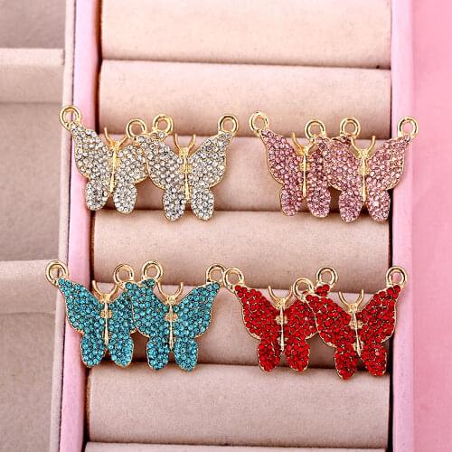 2Pcs Colorful Rhinestone Alloy Butterfly Charms Two Holes Connectors Metal Insect Pendant For Earring Jewelry Making Accessories