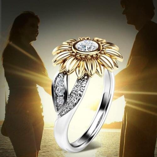 4 Sizes Fashionable Female Copper Engagement Round Sunflower Ring with Zircon Decoration Charm Jewelry for women girl gift b