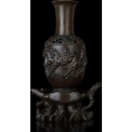 41 CM Chinese Pure Bronze Copper Peony flower Eight Fine horse Painting Vase Pot