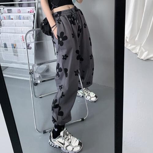 Women Pants Harajuku Korean Fashion Floral Print High Street Waisted Long Flared Pants Summer Chic Trousers Cargo Pants clothes