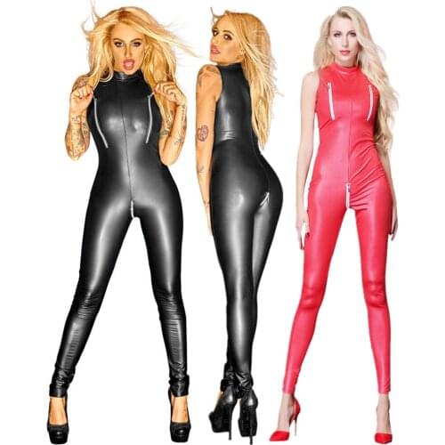 Black Red Wet Look Zipper Faux Leather Jumpsuit PVC Latex Catsuit Club Wear Costumes Sexy Women Open Crotch Bodysuit Fetish