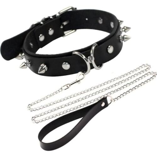 Women Man Dark Black Punk Gothic Sexy Rivet Alternative metal Slave PU Leather Collar Traction Rope Chain Bondage Necklace