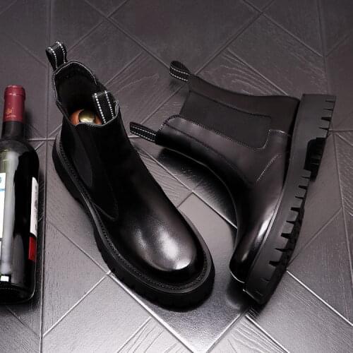 ERRFC Hot Selling Mens Black Mid Calf Boots Fashion Round Toe Trending Leisure Chelsea Boots For Man Motorcycle Botas Size 38-43
