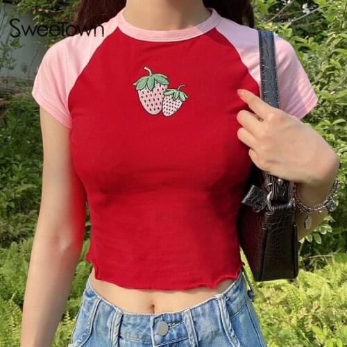 Sweetown Y2K Aesthetic Woman Tshirts Strawberry Patches Cute Kawaii Clothes Pink Patchwork Short Sleeve 2000s Graphic Tees 2021