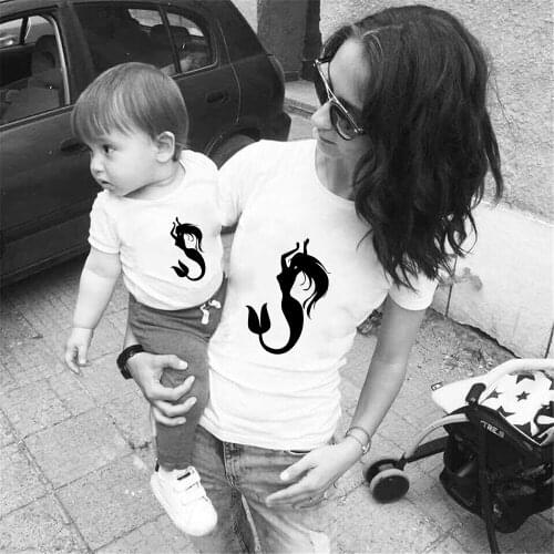 The Little Mermaid Cartoon Print Family Matching T Shirts Summer White O-neck Basic Streetwear Mommy And Me Tshirt Family Look