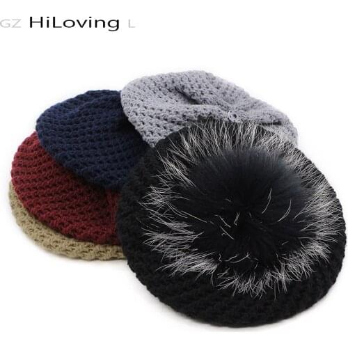 GZhilovingL New Soft Warm Autumn Winter Woman Female Beret Hat Cap With Real Fur Pompom Casual Knitted Skullies Hat For Girls