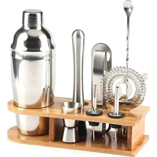 10pcs Stainless Steel Cocktail Shaker Mixer Wine Martini Shaker Set with Wooden Rack for Bartender Drink Party Bar Tools