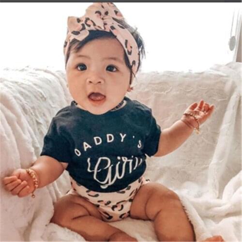 0-18M Three-Piece Suit Newborn Kid baby Girl Clothes Infant Short Sleeve Romper Leopard Print Daddy' Girl Summer Clothing Cotton