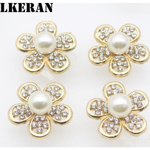 LKERAN 10Pcs 26mm Flower Pearl Rhinestone Gold Alloy Button Flatback Embellishment Handmade DIY Clothing Decoration Accessories