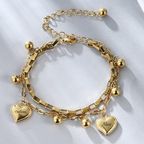 Custom Multilayer Heart Bracelets For Women Engraving Bracelet Combination Female Multilayer Metal Simple Chain Geometric Bangle