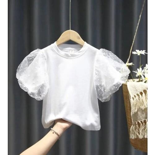 2021 New Girls Short-sleeved T-shirt Childrens Bubble Sleeve T-shirt Baby Summer Bottoming Shirt Kids Top
