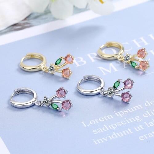New Fashion Cute Lovely Fruit Hoop Earrings With Pink Cherry Green Leaf Cubic Zircon Stone Pendant Huggie Female Earring Jewelry