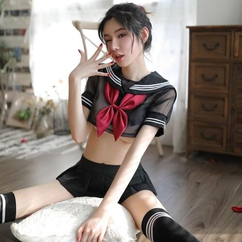 Sexy Lingerie Cosplay Student Uniform Womans Erotic Temptation Costume Super Short See-Through Top Pleated Skirt Sexy Suit