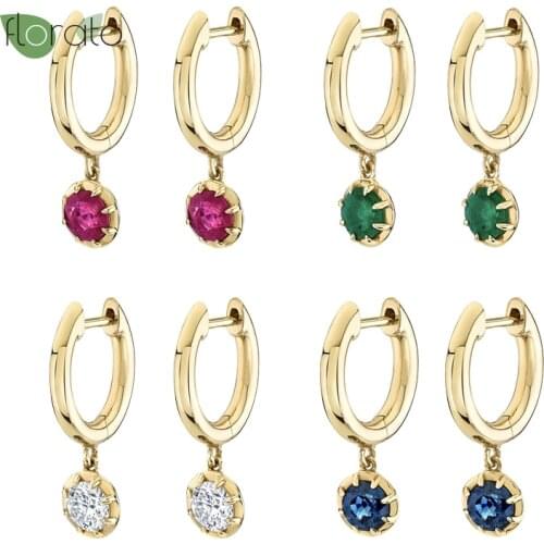 100% 925 Sterling Silver Minimalist Hoop Earrings White Blue Green Rose Red Zircon Earring for Women Jewelry Crystal Pendant A40