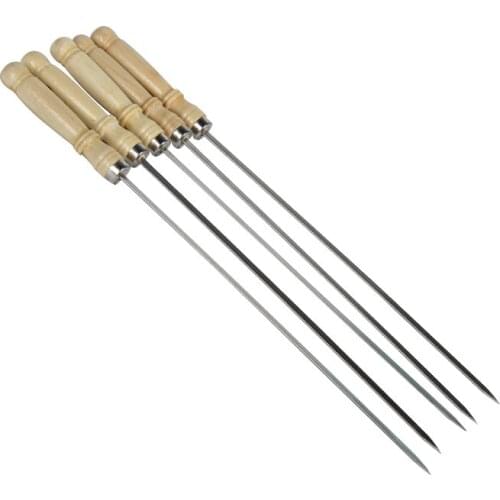 5pcs Stainless Steel BBQ Skewer Wooden Handle BBQ Needle Reusable Barbecue Meat String Grill Fork Outdoor Cooking Tool