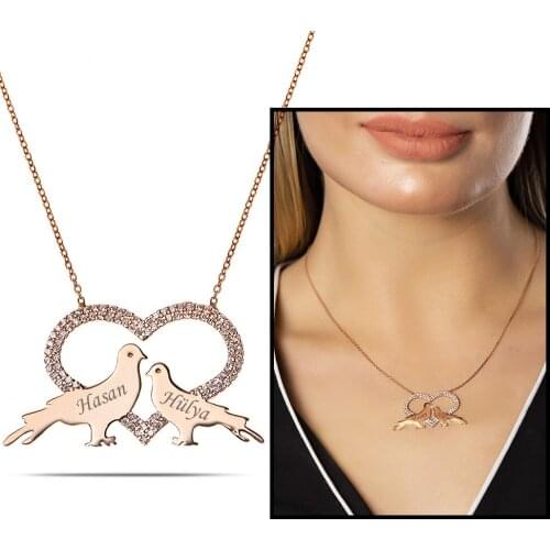 Tesbihane Personalized Name Written Rose Color 925 Sterling Silver Heart-Dove Pendant